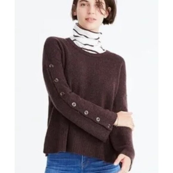 MADEWELL Solid Brown Button-Sleeve Alpaca Wool Round Neck Pullover Sweater Small - Picture 1 of 10
